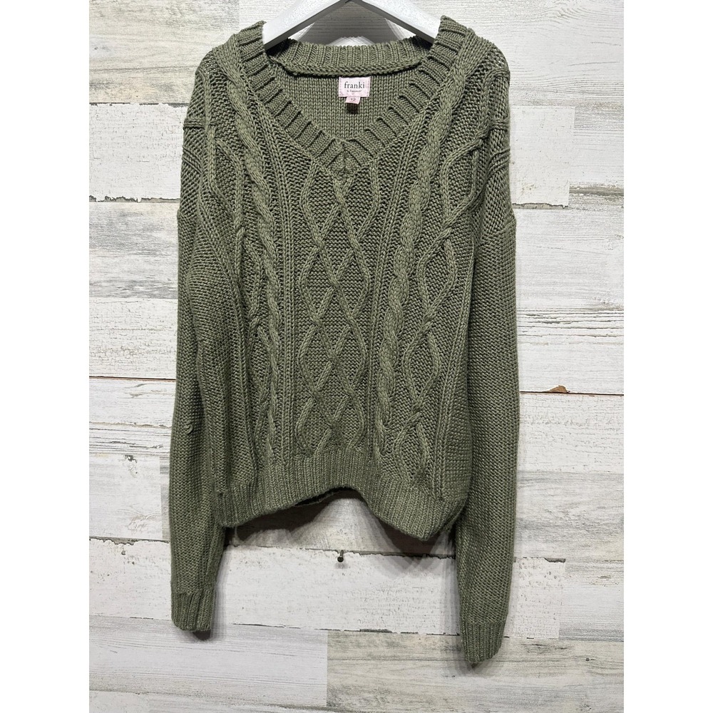 Franki Cable Knit Sweater Kids 12 Olive Green‎ V-Neck Drop Shoulder EUC